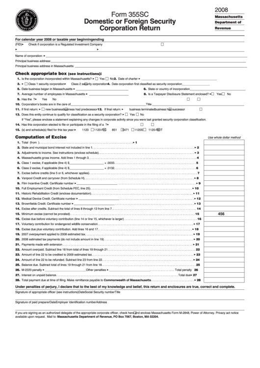 Form 355sc - Domestic Or Foreign Security Corporation Return - 2008 Printable pdf