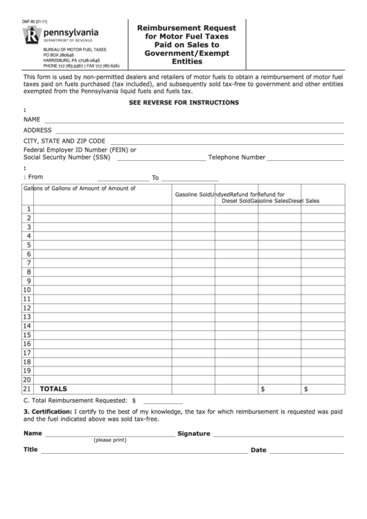 Form Dmf-8 - Reimbursement Request For Motor Fuel Taxes Paid On Sales To Government/exempt Entities Printable pdf