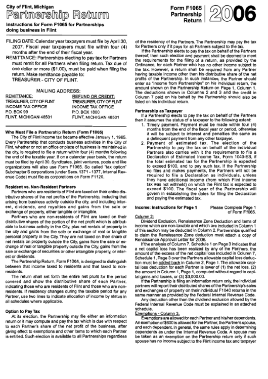 Instructions For Form F1065 - Partnership Return - 2006 Printable pdf