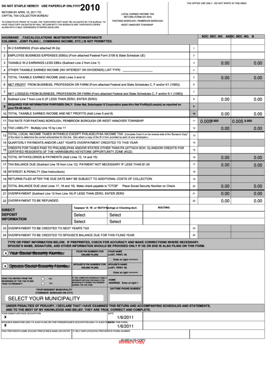 Fillable Form 531-Wh - Local Earned Income Tax Return - 2010 Printable pdf