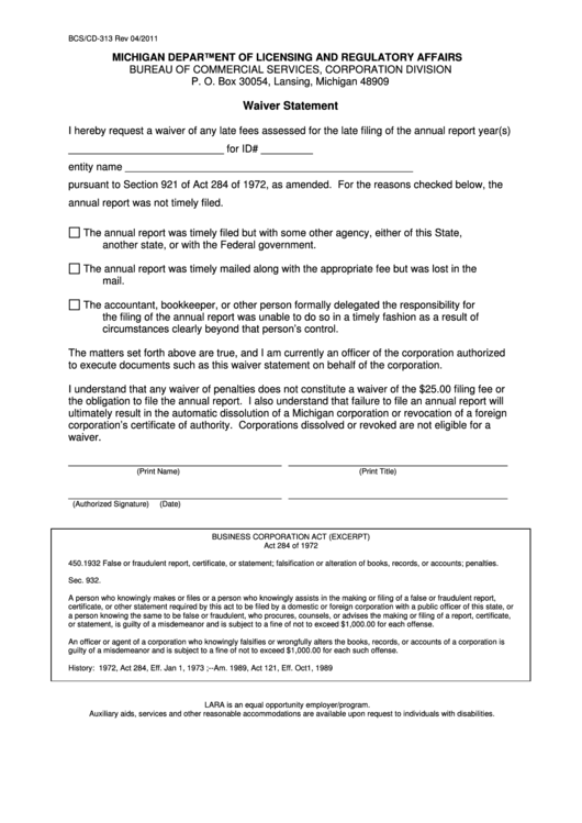 Form Bcs/cd-313 - Waiver Statement Form - Michigan Department Of Licensing And Regulatory Affairs Printable pdf