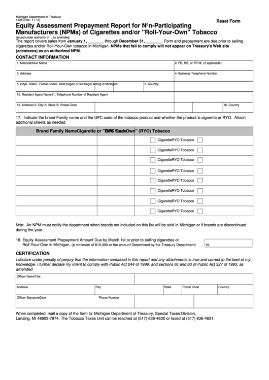 Fillable Form 4126 - Equity Assessment Prepayment Report For Non-Participating Manufacturers (Npms) Of Cigarettes And/or "Roll-Your-Own" Tobacco Printable pdf