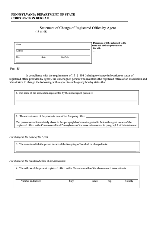 Statement Of Change Of Registered Office By Agent Form - Corporation Bureau Pennsylvania Department Of State Printable pdf