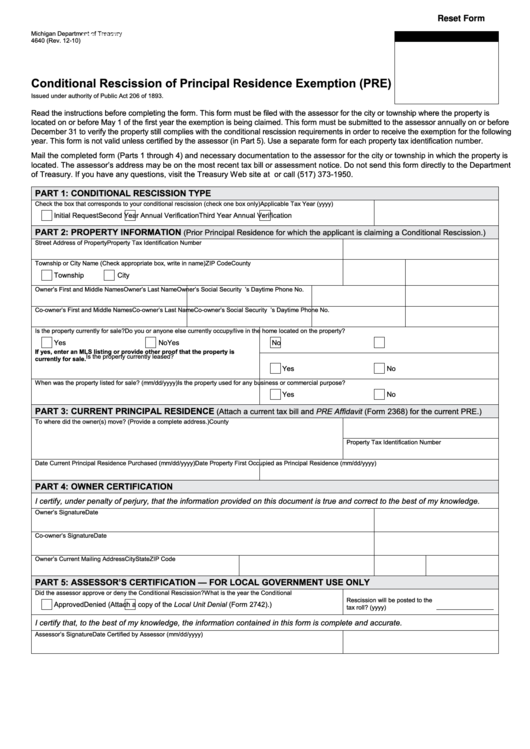Fillable Form 4640 - Conditional Rescission Of Principal Residence Exemption (Pre) - Michigan Department Of Treasury Printable pdf