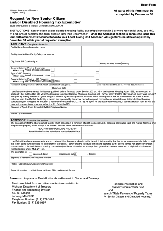 Fillable Form 4719 - Request For New Senior Citizen And Disabled Housing Tax Exemption - Michigan Department Of Treasury Printable pdf
