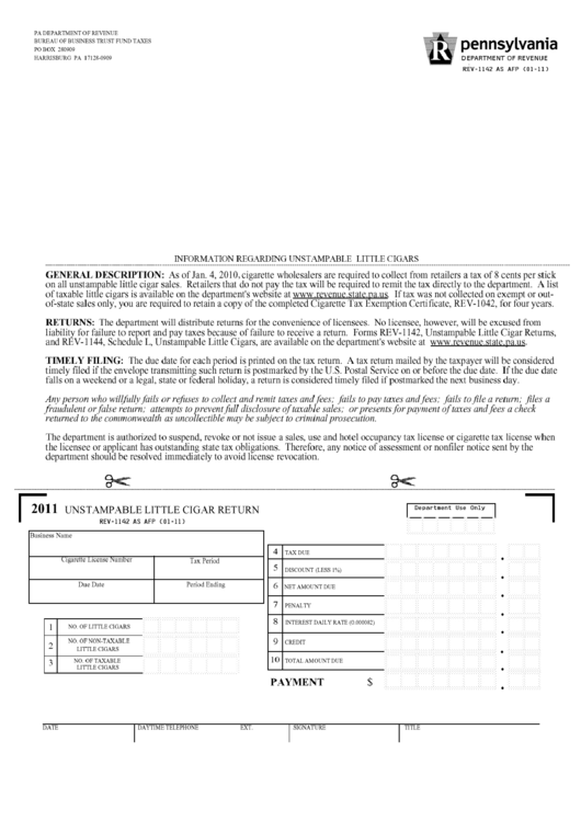 Form Rev-1142 - Unstampable Little Cigar Return Printable pdf