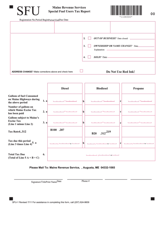 Form Sfu-1 - Special Fuel Users Tax Report - Maine Revenue Services Printable pdf