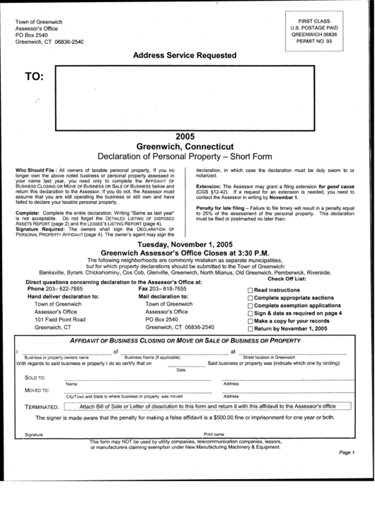 Affidavit Of Business Closing Or Move Or Sale Of Business Or Propery Form - Town Of Greenwich - 2005 Printable pdf