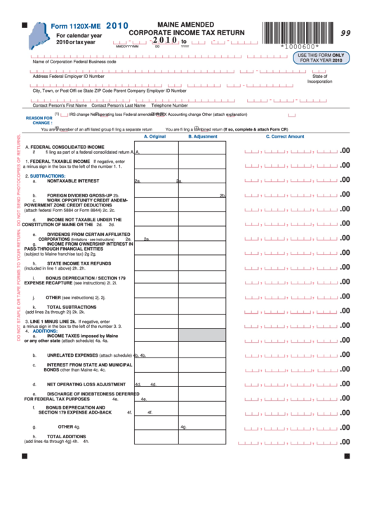 Form 1120x-Me - Maine Amended Corporate Income Tax Return - 2010 Printable pdf