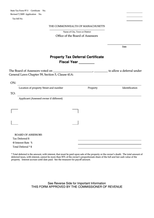 Fillable State Form 97-3 - Property Tax Deferral Certificate Printable pdf