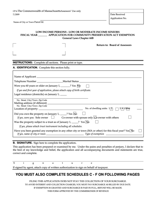 Fillable Form Cp-4 - Application For Community Preservaton Act Exemption - Low Income Person Printable pdf