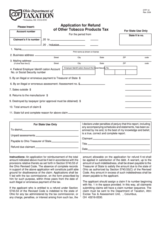 Form Otp 12 - Application For Refund Of Other Tobacco Products Tax - 2004 Printable pdf