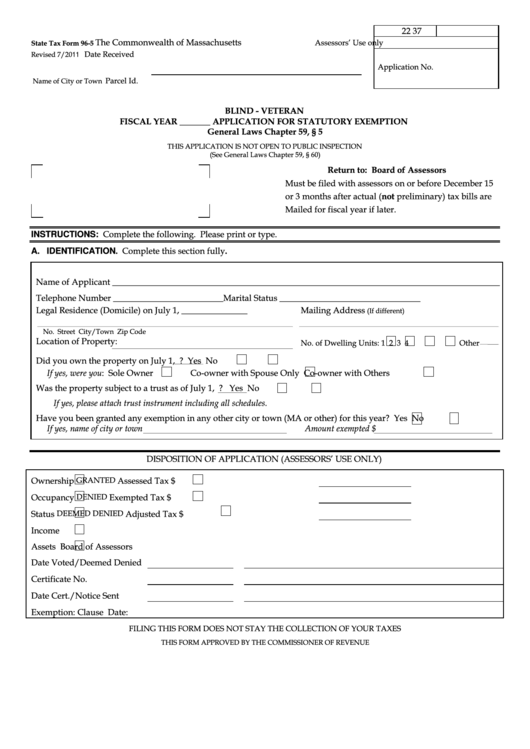 State Tax Form 96-5 - Blind - Veteran Application For Statutory Exemption - 2011