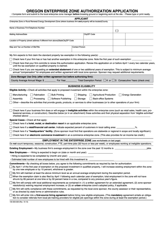 Fillable Form 150-303-029 - Oregon Enterprise Zone Authorization Application Printable pdf
