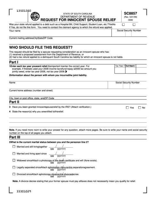 Form Sc8857 - Request For Innocent Spouse Relief Printable pdf