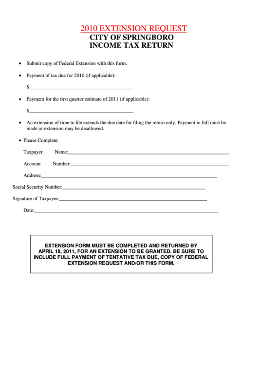 Income Tax Return Form - Extension Request - City Of Springsboro - 2010 Printable pdf
