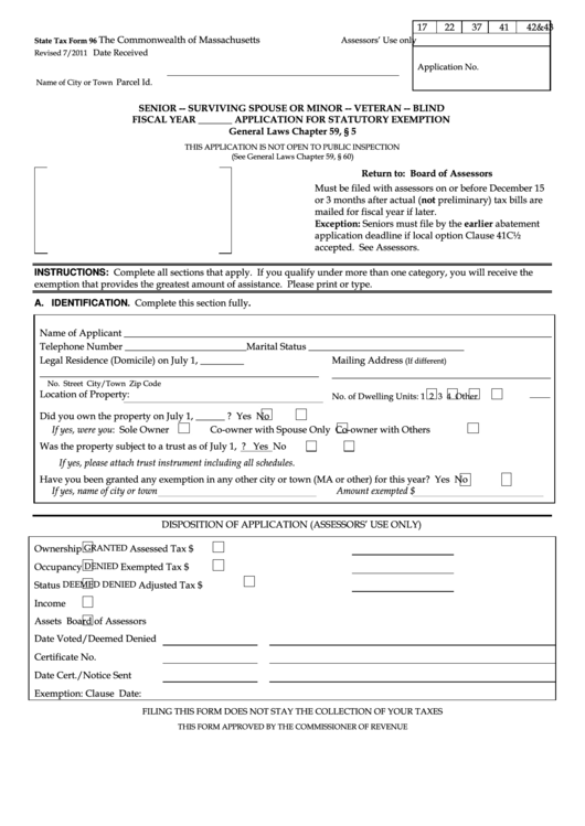 Fillable State Tax Form 96 - Senior - Surviving Spouse Or Minor - Veteran - Blind - Application For Statutory Exemption - 2011 Printable pdf