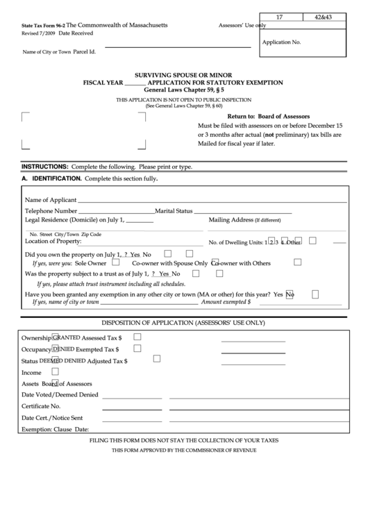 Fillable State Tax Form 96-2 - Surviving Spouse Or Minor Application For Statutory Exemption - 2009 Printable pdf
