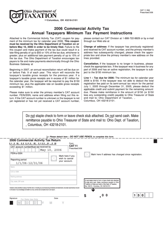 Form Cat 11 Ins - 2006 Commercial Activity Tax Return - Annual Taxpayers Minimum Tax Payment Instructions Printable pdf