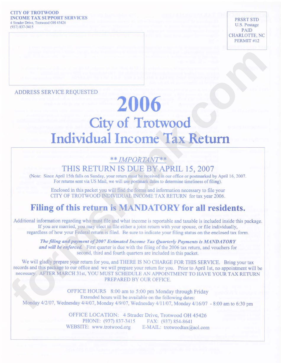 Individual Tax Return Instructions - City Of Trotwood - 2006