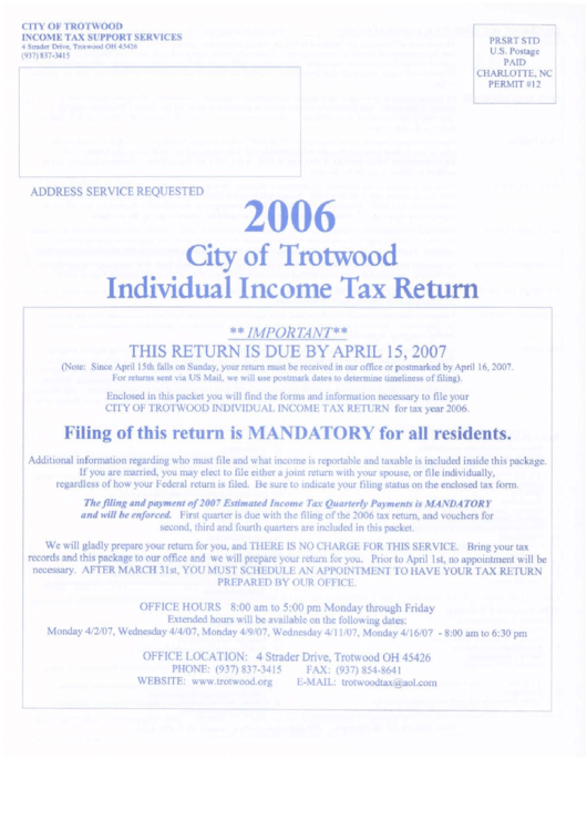 Individual Tax Return Instructions - City Of Trotwood - 2006 Printable pdf