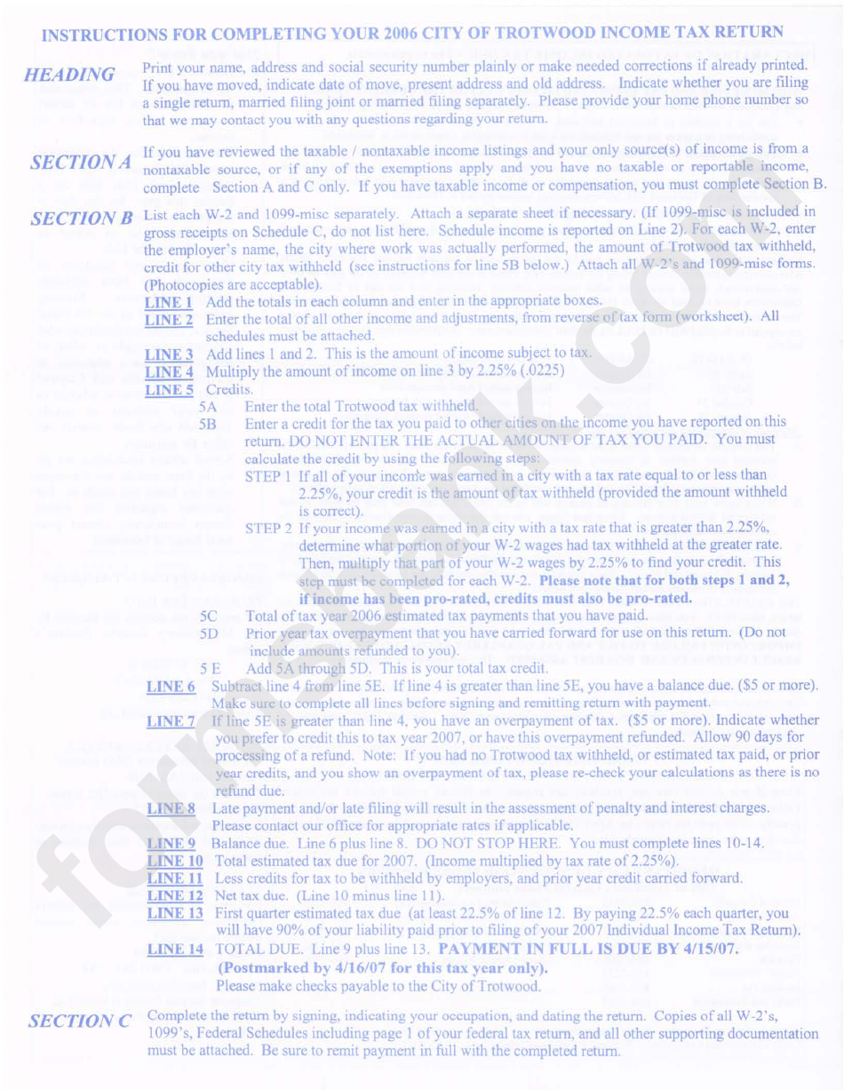 Individual Tax Return Instructions - City Of Trotwood - 2006