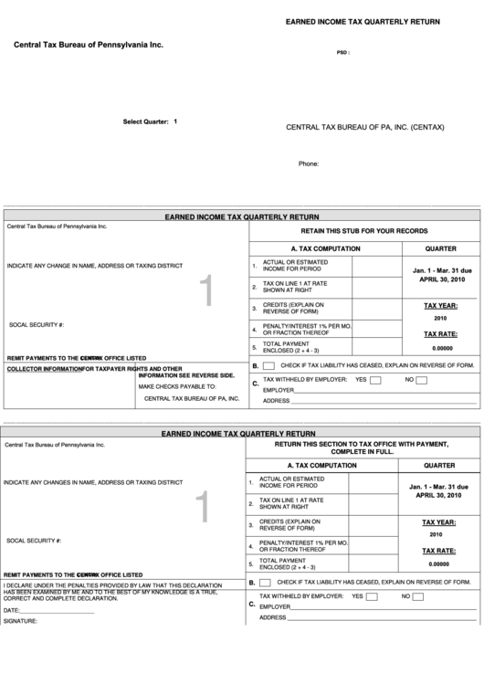 Fillable Earned Income Tax Quarterly Return Form Printable pdf