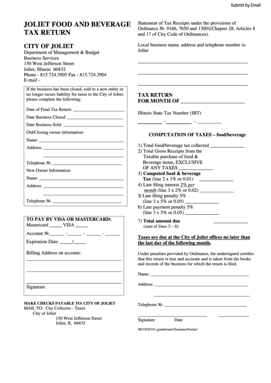 Fillable Joliet Food And Beverage Tax Return Form - 2010 Printable pdf