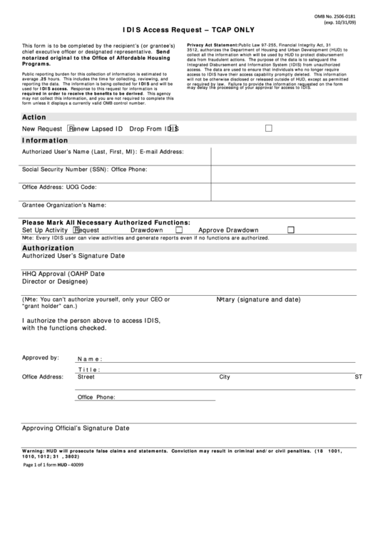 Form Hud - 40099 - Idis Access Request - Tcap Only Printable pdf