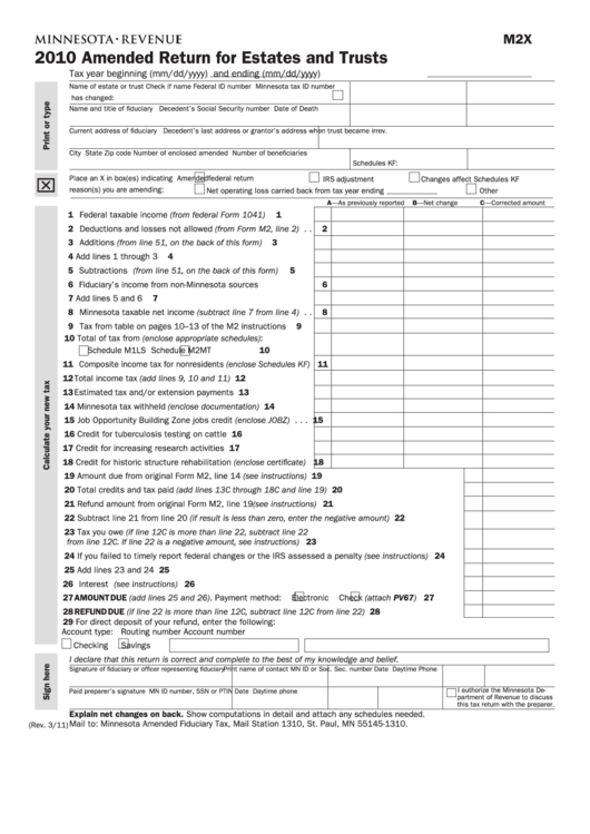 Fillable Form M2x - Amended Return For Estates And Trusts - Minnesota Revenue - 2010 Printable pdf