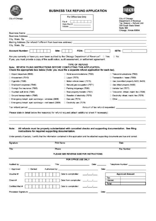 Business Tax Refund Application Printable pdf