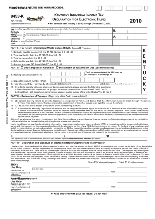 Form 8453-K - Kentucky Individual Income Tax Declaration For Electronic Filing - 2010 Printable pdf