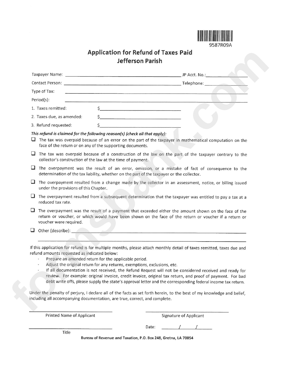 Application For Refund Of Taxes Paid Form - Jefferson Parish