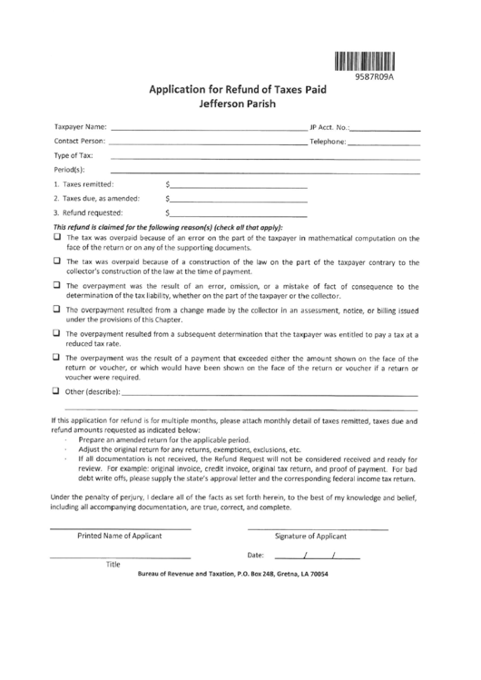 Application For Refund Of Taxes Paid Form - Jefferson Parish Printable pdf