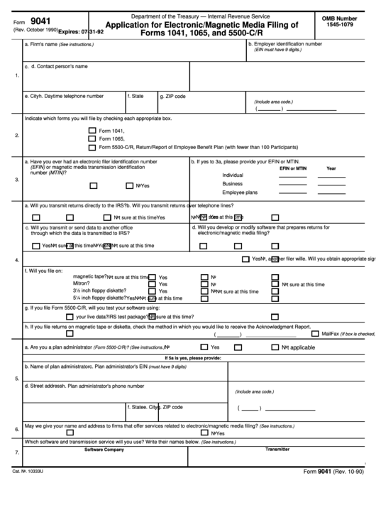 Form 9041 - Application For Electronic/magnetic Media Filing Of Forms 1041, 1065, And 5500-C/r Printable pdf