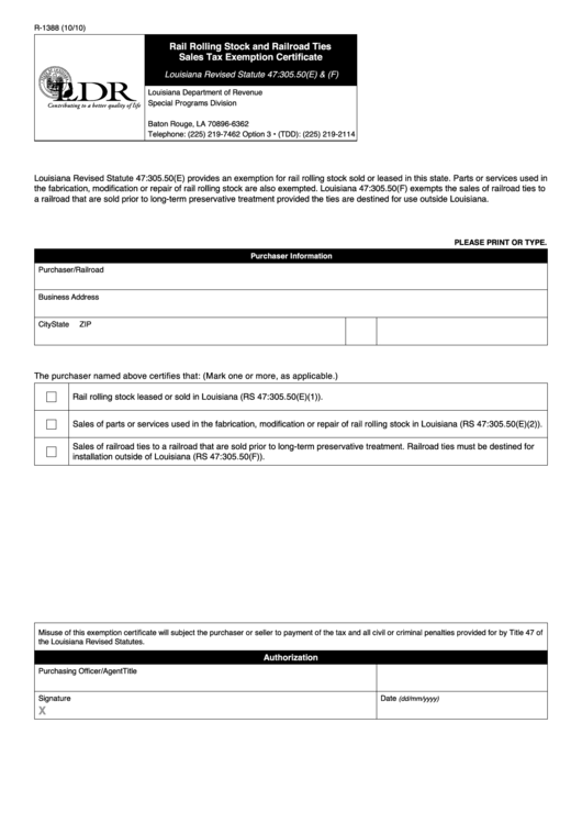 Fillable Form R-1388 - Sales Tax Exemption Certificate - Rail Rolling Stock And Railroad Ties Printable pdf