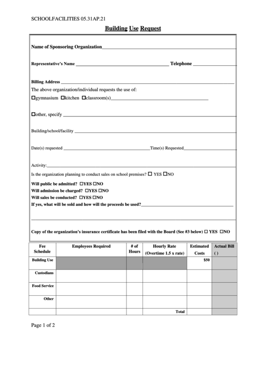 Building Use Request Form Printable pdf