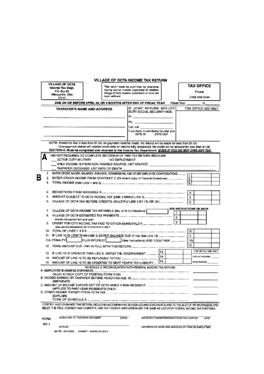 Form Wf-1 - Village Of Octa Income Tax Return Printable pdf