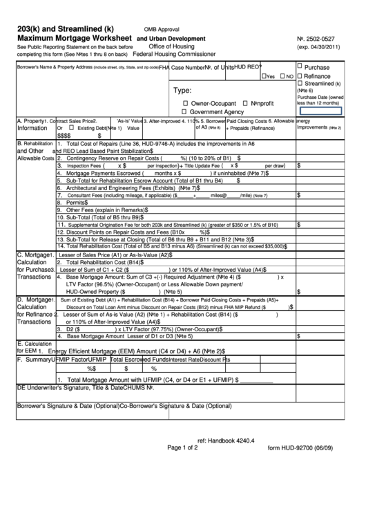 Fillable Form Hud-92700 - 203(K) And Streamlined (K) Maximum Mortgage Worksheet Printable pdf