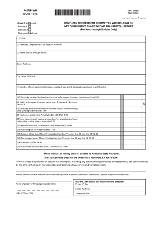 Form 740np-Wh - Kentucky Nonresident Income Tax Withholding On Net Distributive Share Income Transmittal Report - 2008 Printable pdf