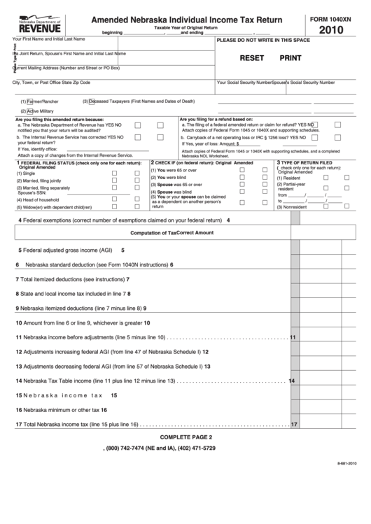 Fillable Form 1040xn - Amended Nebraska Individual Income Tax Return - 2010 Printable pdf