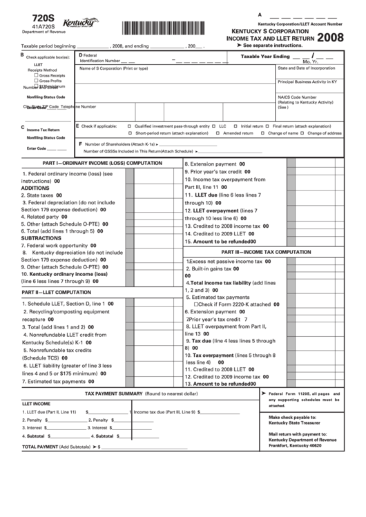Form 720s - Kentucky S Corporation Income Tax And Llet Return - 2008 Printable pdf