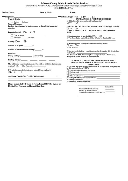 Primary Care Provider (Pcp) Authorization Form : G-Tube/swallowing/feeding Disorders - Jefferson County Public Schools Health Services Printable pdf