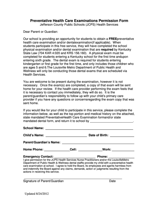 Preventative Health Care Examinations Permission Form - Jefferson County Public Schools (Jcps) Health Services Printable pdf