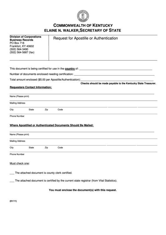Fillable Request For Apostille Or Authentication Form - Commonwealth Of Kentucky Secretary Of State Printable pdf