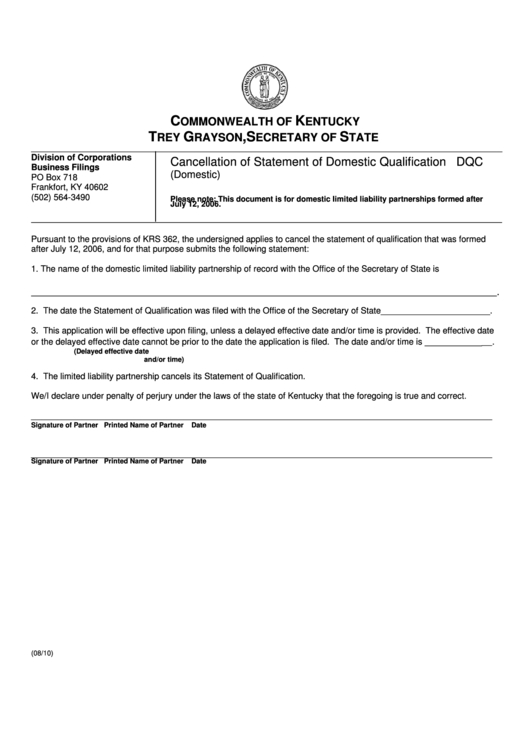 Fillable Cancellation Of Statement Of Domestic Qualification Form - Commonwealth Of Kentucky Secretary Of State Printable pdf