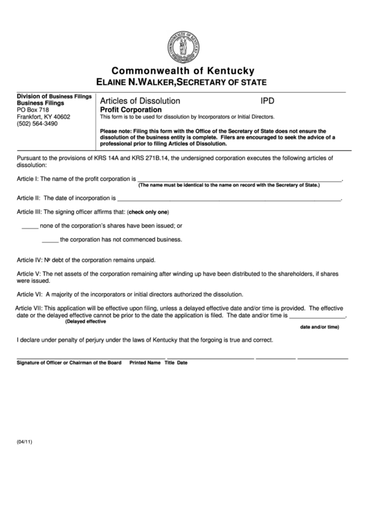 Fillable Form Ipd - Articles Of Dissolution - Profit Corporation - 2011 Printable pdf