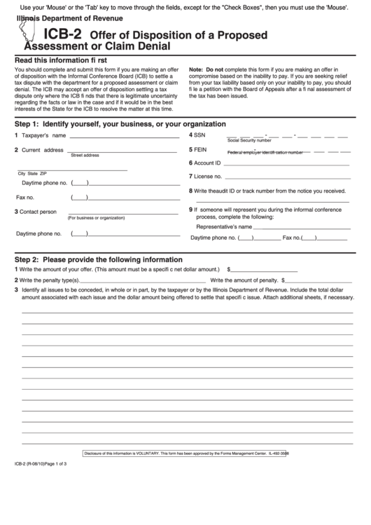 Fillable Form Icb-2 - Offer Of Disposition Of A Proposed Assessment Or Claim Denial - 2010 Printable pdf