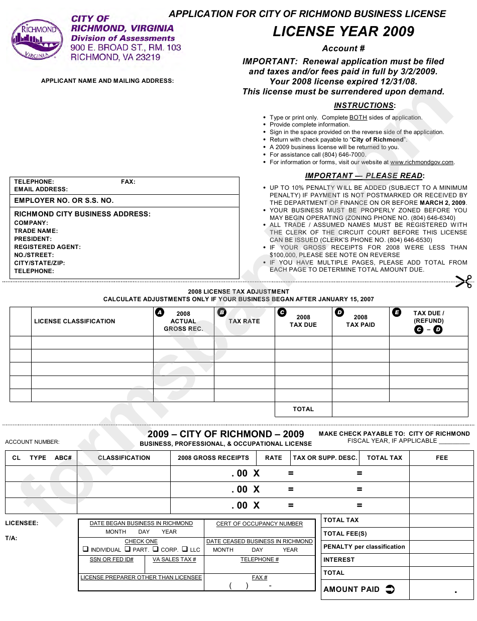 Application For City Of Richmond Business License - 2009
