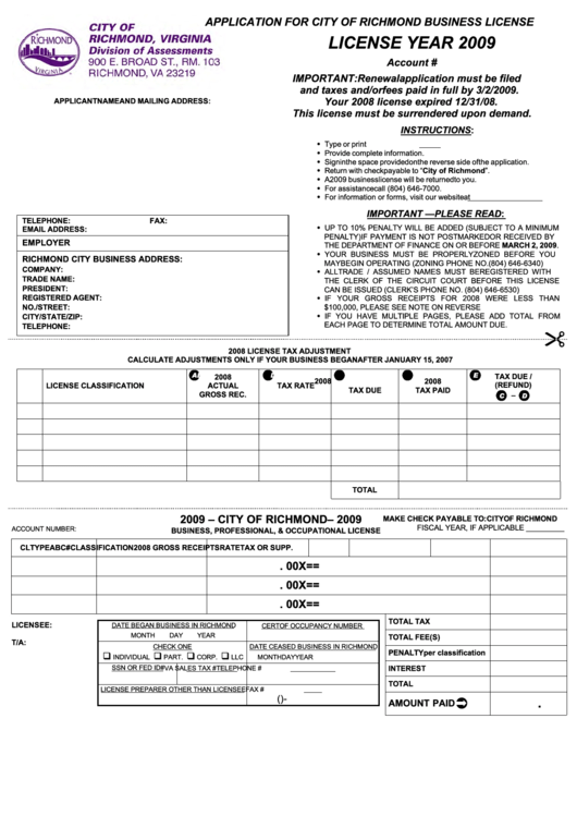 Application For City Of Richmond Business License - 2009 Printable pdf